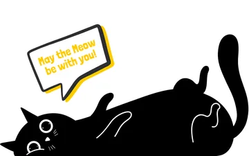 Cartoon cat lying on its back saying: May the Meow be with you!